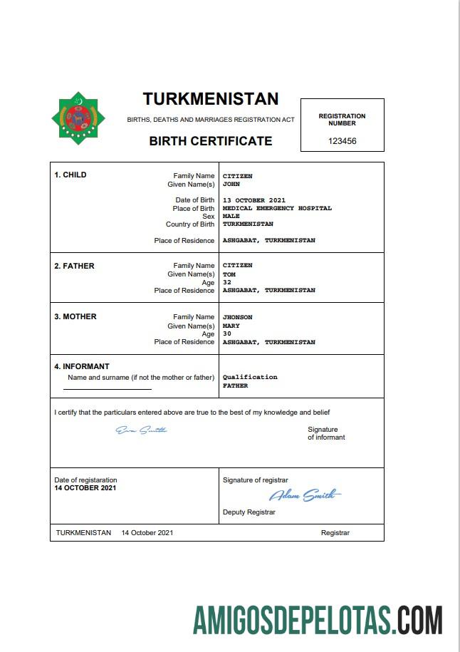 Imprimível modelo Word e PDF de certidão de nascimento de registro vital do Turcomenistão